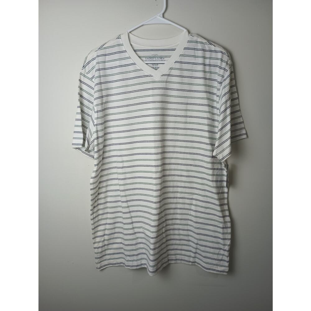 Faded Glory V Neck‎ T-Shirt Men's Size Large White Striped 90s Short sleeve
